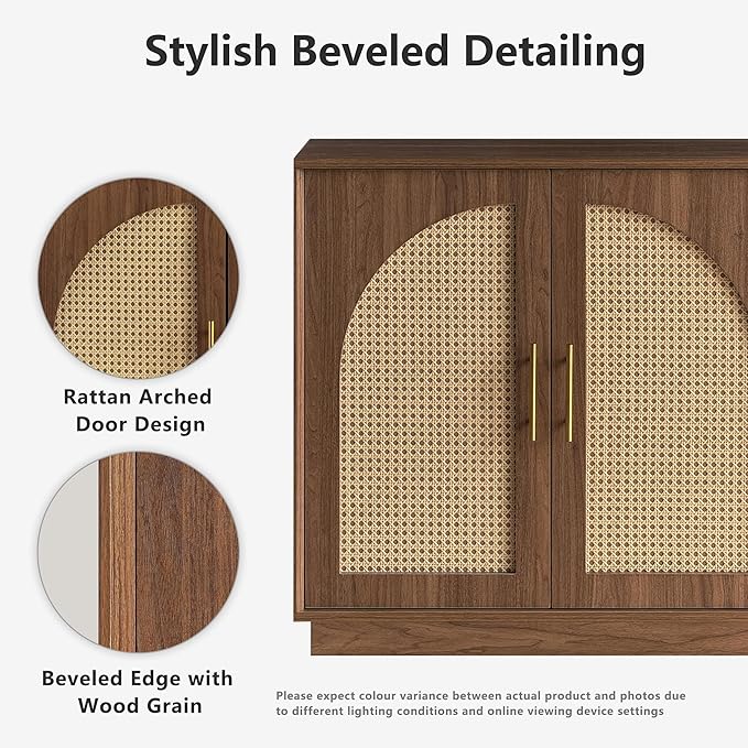 FORTUNETEC Sideboard Buffet Cabinet with Storage Set of 3, Modern Accent Cabinet with Rattan Arched Doors, Modular Media Console, Boho Credenza for Living Room Kitchen Dining Room Entryway, Walnut