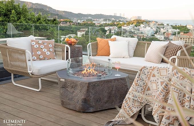 Elementi | Bundle Columbia Gas Fire Pit Cast Concrete Semi-Round Fire Table, Outdoor Fire Pit Electronic Ignition | Canvas Cover, Lava Rock Included | Propane Gas