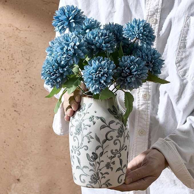 SIDUCAL Ceramic Vintage Vase, 7 Inch Retro Ice Cracked Chinoiserie Floral Vase, Rustic Farmhouse Vases for Home Decor, Bookshelf, Office, Garden, Chinoiserie Decor, Tuscan Decor, Gray Floral Pattern
