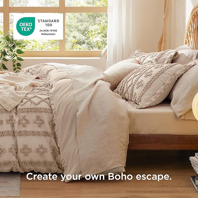 Bedsure Boho Duvet Cover King Size, Soft & Comfortable Elegant Design Boho Bedding for Decoration, Machine Washable Comforter Cover for All Seasons,Includes 1 Duvet Cover & 2 Pillow Shams,Linen