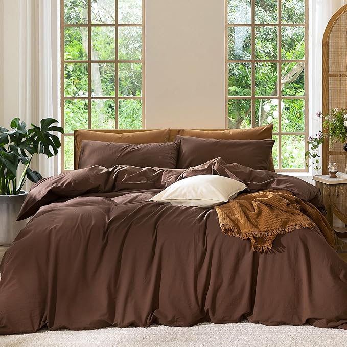 MooMee Bedding Duvet Cover Set 100% Washed Cotton Linen Like Textured Breathable Durable Soft Comfy (Solid Cocoa Brown, Palatial King/Oversized King 120"x98")