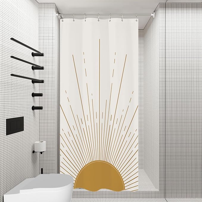 Miyotaa Stall Abstract Sun Shower Curtain Set 36Wx71H Inches Half Small Modern Minimalist Mid Century Aesthetic Sunburst Sunrise Simple Polyester Waterproof Bathroom Curtain with Hooks