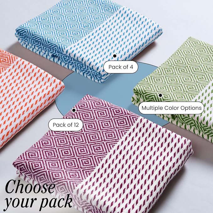 TWINY threads Kitchen Dish Towel Diamond Weave Mixed Color Pack, Premium 100% Cotton Kitchen Linen Set, Absorbent Quick Drying Dish Rags, Washable Reusable Multi Purpose, Set of 4, 18 x 26 Inch