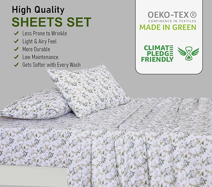 RUVANTI 100% Cotton Full Size Bed Sheets, 4 Pieces, Soft & Breathable Percale Weave Bedding, Deep Pocket 16", Hotel Standard, Crisp Cool Feel, Durable, Perfect Sheet Set Floral, Heritage