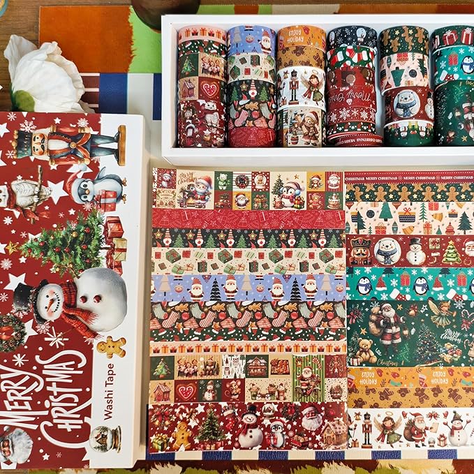Bomichi 27 Rolls Christmas Washi Tape, Aesthetic Colored Decorative Cute Scrapbook Tape for Scrapbooking Supplies Journaling Craft Junk Journal