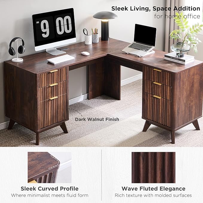 T4TREAM 60'' Fluted Executive L Shaped Desk, Modern Home Office Desk with Charging Station and File Drawer, Computer Corner Desks with Drawers & Storage Cabinet for Office Home, Bedroom, Dark Walnut