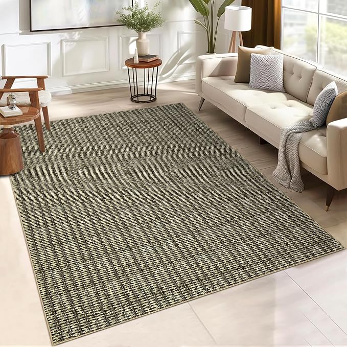 Area Rug 8x10 Washable Modern Braided Large Rug for Living Room Low Pile Soft Bedroom Modern Carpet Non Slip Thin Foldable Woven Print Carpet Mat for Nursery Dining Room, Taupe