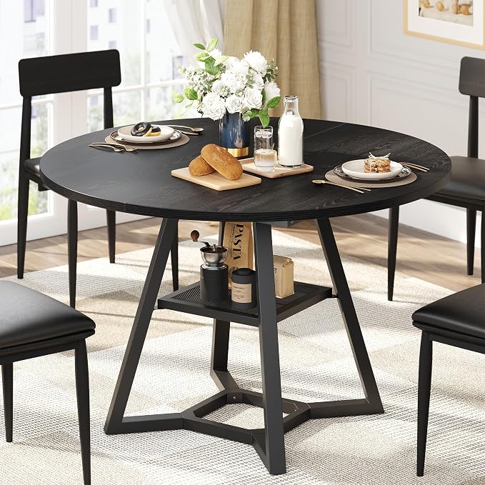 knoworld 47" Round Dining Table for 4, Kitchen Tables Dining Room Circle Dinner Table with Pedestal Metal Frame, Space Saving Wood Industrial Kitchen & Dining Room Tables, Black 47In