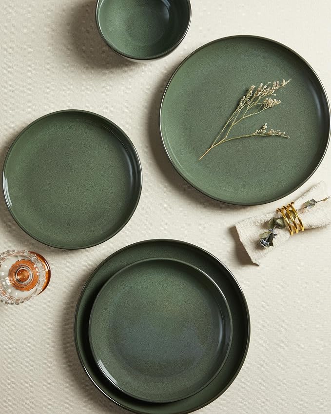 Pokini Stoneware Dinnerware Sets, Ceramic Plates and Bowls Set, Microwave & Dishwasher Safe Kitchen Dishes, Modern Dinner Salad Plates | Cereal Bowls, Dishware Sets Service for 4 Forest Green