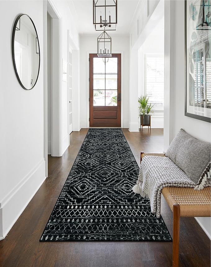Wonnitar Washable Runner Rugs for Hallway 2'6"x10', Moroccan Non-Slip Black Long Kitchen Runner, Low Pile Boho Soft Carpet Runner for Entrance Living Room Entryway Bedroom (Black,2'6"x10')