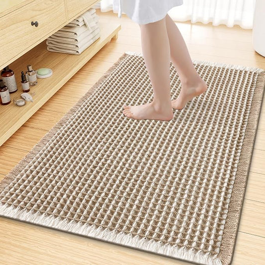 Smiry Waffle Bath Mat 47x32, Extra Soft Absorbent Bathroom Rugs, Non Slip Machine Washable Quick Dry Bath Rugs for Bathroom Floor, Tub, Shower, Home Decor Accessories, Brown & Cream
