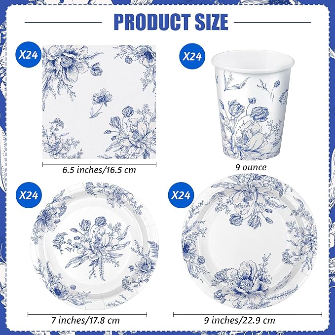 96 Piece Blue and White Floral Disposable Party Supplies Elegant Floral Paper Plates, Cups, and Napkins 9 Inch and 7 Inch Plates Serves 24 Guests for Birthday or Baby Shower
