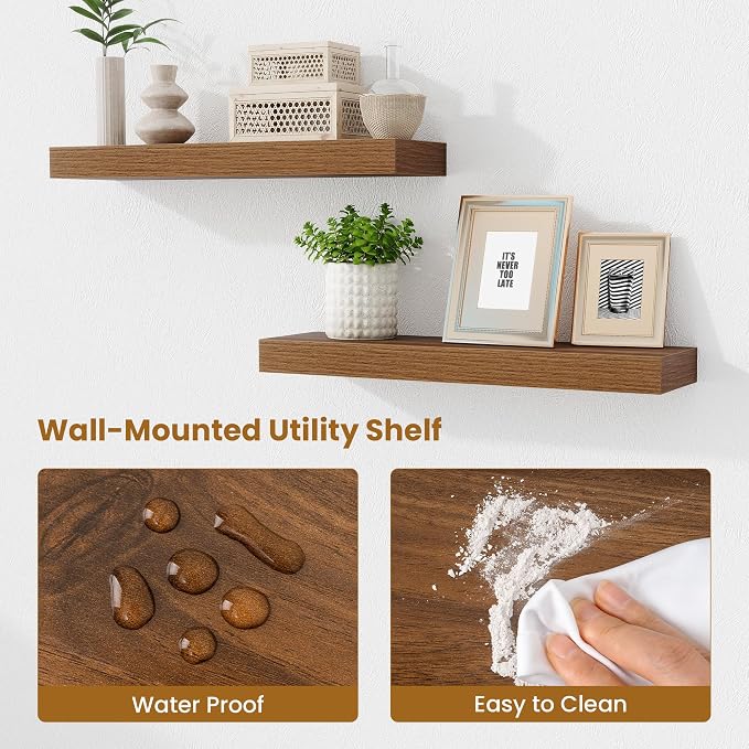Fun Memories Floating Shelves Set of 2, 24 Inch Floating Shelves for Wall, Wood Wall Shelves with Invisible Brackets, for Bathroom, Bedroom, Living Room, Kitchen, Walnut
