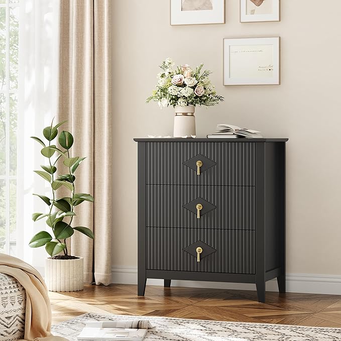 GarveeHome Wood Nightstand Fluted Dresser for Bedroom, 27.5" Wide 3-Drawer Bedside Tables, Modern Chest of Drawers, Storage End Table Living Room, Hallway, Entryway, Black