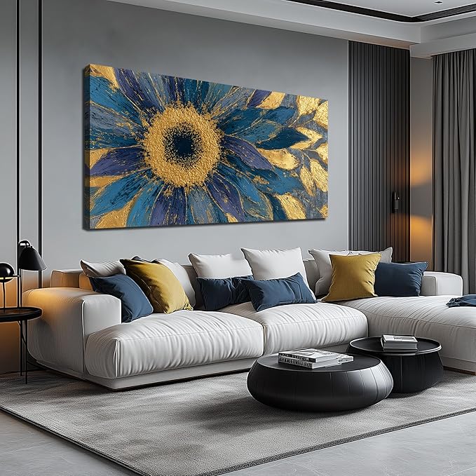 JuhaiArt Blue Wall Art Bedroom Large Gold Flower Canvas Wall Decor Floral Picture Art for Living Room Office 29" x 59" Sunflower Abstract Artwork