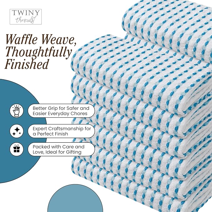 TWINY threads Waffle Weave Dish Towels Pack of 4, Large 16x26 Inches Kitchen Hand Towel Set, Super Absorbent, Fast Dry & Reusable Washcloths for Cooking, Cleaning & Drying, Turquiose Blue, White