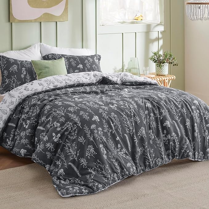 Bedsure Duvet Cover Queen Size - Reversible Dark Grey Queen Duvet Cover Set with Zipper Closure, 3 Pieces Floral Patterned Bedding Set with 8 Corner Ties and 2 Pillow Shams
