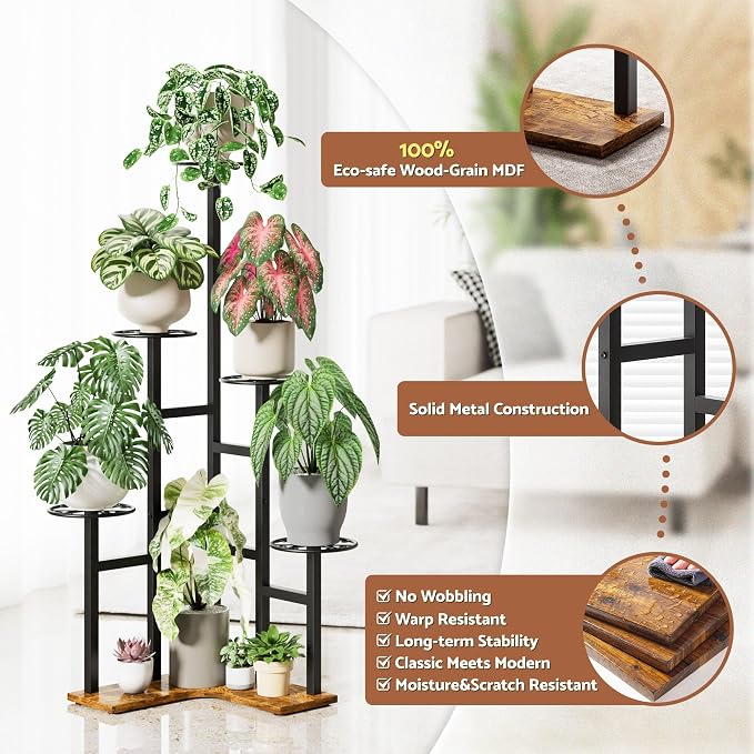 Plant Stand Indoor Outdoor, 6 Tier Tall Metal Wood Shelf Holder Display Rack Flower Pot Stand for Patio Garden Balcony Living Room Bedroom