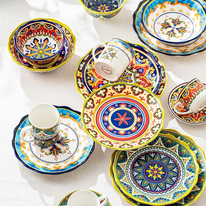 UNICASA Ceramic Dinner Plate Set of 4, 10.5 Inch Porcelain Pasta Plates Set– Serving Dishes for Salad, Steak, Colorful Boho Decoration, Microwave & Dishwasher Safe