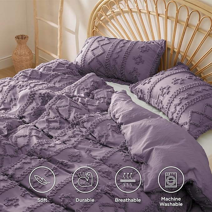Bedsure Boho Duvet Cover King Size, Soft & Comfortable Elegant Design Boho Bedding for Decoration, Machine Washable Comforter Cover for All Seasons,Includes 1 Duvet Cover & 2 Pillow Shams,Purple