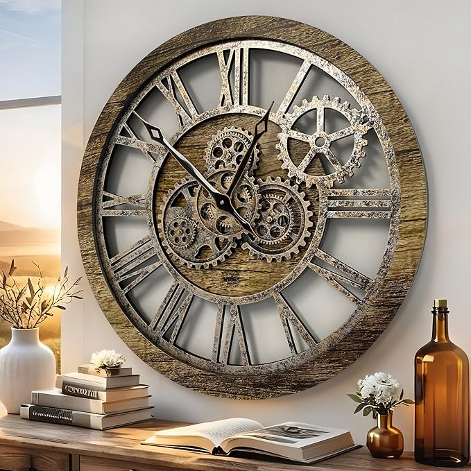 ImprovingLife The Gears Clock The Original Real Moving Gear Wall Clock Vintage Industrial Oversized Rustic Farmhouse (24 inch (60cm),Gold Antique)
