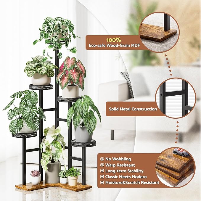 5 Tiered Corner Plant Stands Tall Indoor, Tiered Plant Stand Outdoor,Wood Plant Shelf for Multiple Plants, Wrought Iron Flower Pot Stand, Tall Plant Rack Shelf for House Patio - BlackWave
