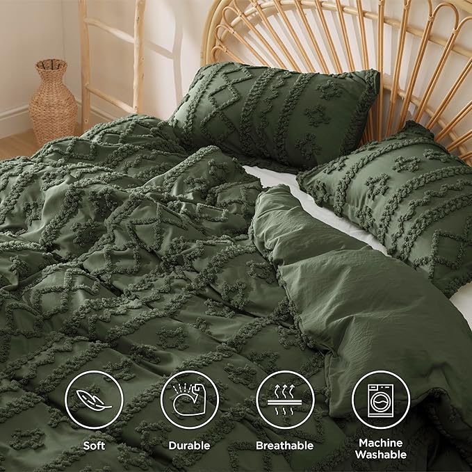Bedsure Boho Duvet Cover King Size, Soft & Comfortable Elegant Design Boho Bedding for Decoration, Machine Washable Comforter Cover for All Seasons,Includes 1 Duvet Cover & 2 Pillow Shams,Olive Green