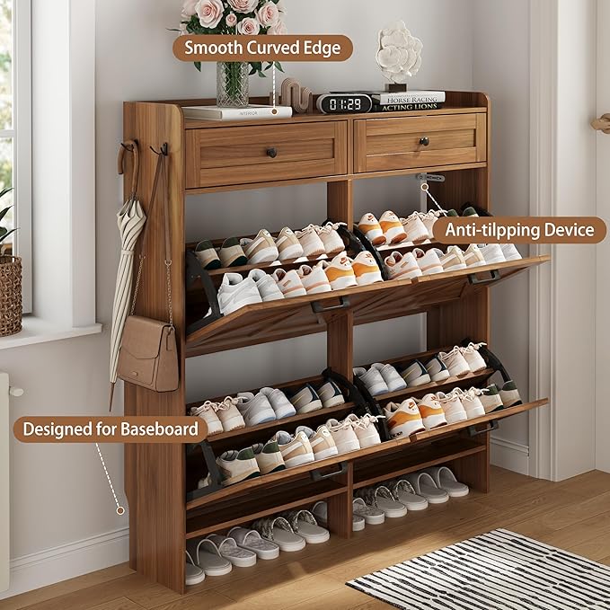 Shoe Cabinet with 4 Flip Drawers & 2 Top Drawers, 43" Tall Freestanding Narrow Wooden Shoe Storage Organizer for Entryway, Hidden Slim Shoe Rack for Front Door Entrance, Hallway, Living Room, Walnut