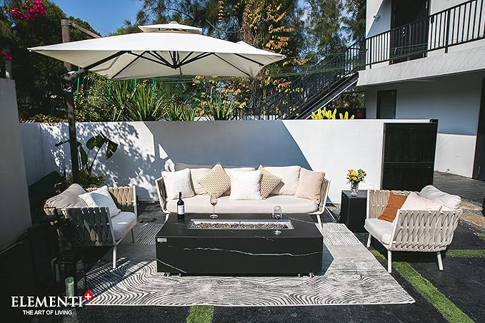 Elementi+ | Bundle Varna Gas Fire Pit | Marble Porcelain & Metal Frame | 60" Rectangular Fire Table | Electronic Ignition | Canvas Cover, Fire Glass & Burner Lid Included | Black | Propane Gas