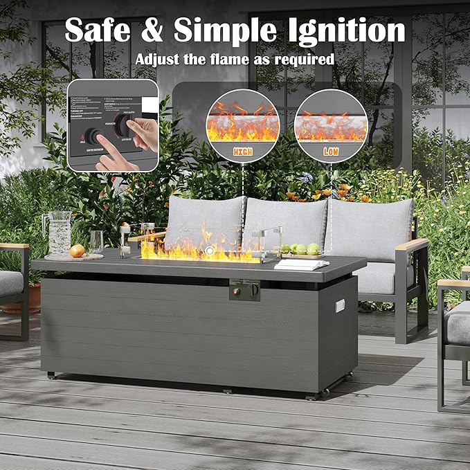 Sundale Outdoor 51 Inch Outdoor Fire Pit Table, 50,000BTU Rectangle Propane Fire Pit with Sliding Tank Holder, Glass Wind Guard, Removable Lid, CSA Certified, Gray