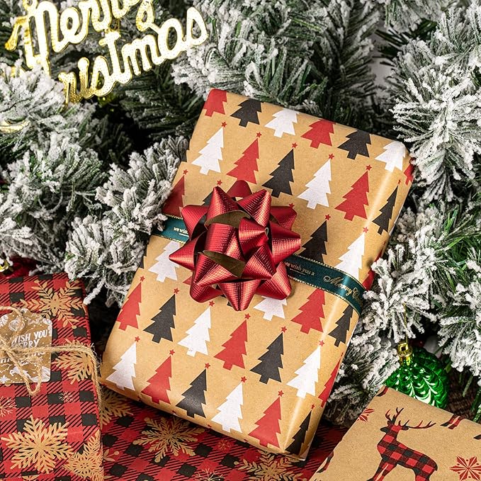 MAYPLUSS Kraft Christmas Wrapping Paper Roll - Mini Roll - 17 inch X 120 inch Per roll - 3 Different Red Reindeer & Snowflakes Design (42.3 sq.ft.ttl)