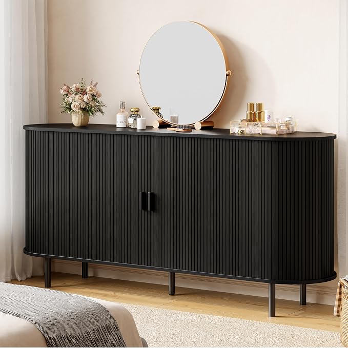 Buffet Sideboard Cabinet with Storage, 63" Fluted Cabinet with Sliding Door & Adjustable Shelf, Modern Accent Coffee Bar Console Table for Kitchen, Entryway, Black