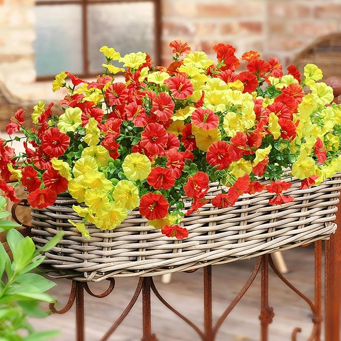 Artificial Mums for Outdoors Fake Fall Flowers Plants for Autumn Decoration, 12 Bundles Silk Morning Glory with Eucalyptus Look Real UV Resistant Faux Mums for Outside Planters Yard Patio Porch, Mix