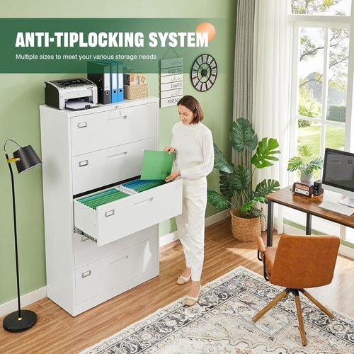 Letaya Lateral 5 Drawer File Cabinet - Secure Metal Filing Storage for Home Office | White Finish