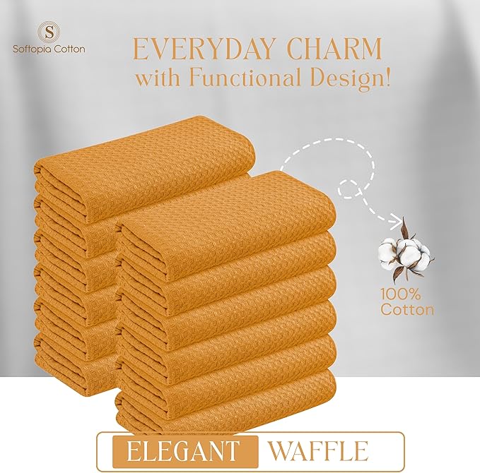 Yellow Waffle Kitchen Dish Towels, 100% Cotton, Quick Dry, Super Absorbent, Soft, 16x26 Inches – Ideal for Dish Drying, Bar, Tea, Cleaning, and Everyday Use, 12 Pack, Mustard Yellow