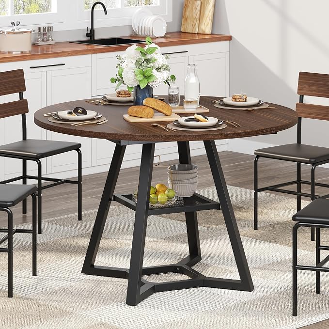 knoworld 47" Round Dining Table for 4, Kitchen Tables Dining Room Circle Dinner Table with Pedestal Metal Frame, Space Saving Wood Industrial Kitchen & Dining Room Tables, Walnut 47In