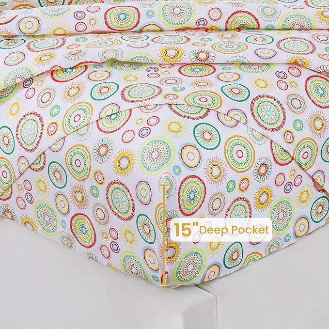 Softan Mandala Printed Full Sheet Set, 4-Piece Microfiber Fitted Sheet with 15" Deep Pockets & Non-Slip Straps, Geometric Patterned Double Bedding Sheets & Pillowcase Set