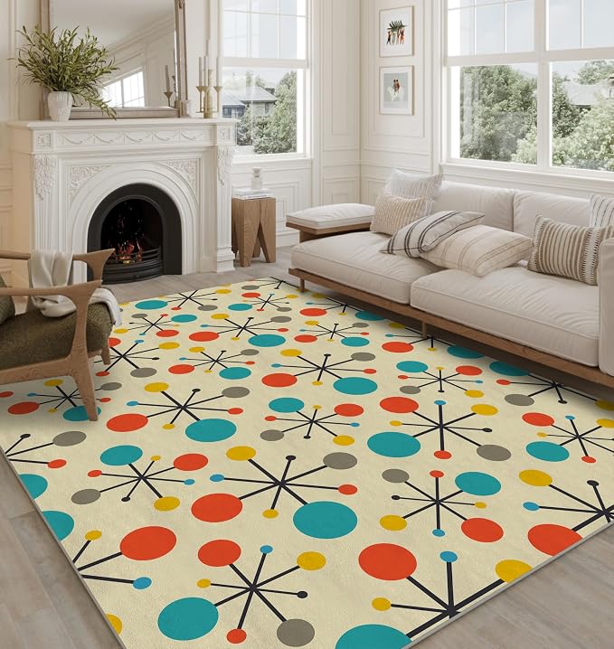 Retro Area Rug for Living Room Bedroom Dining Room 3‘x5’, Mid Century Modern Atomic Living Room Rug Non-Slip, Yellow Floor Rug Carpet Machine Washable
