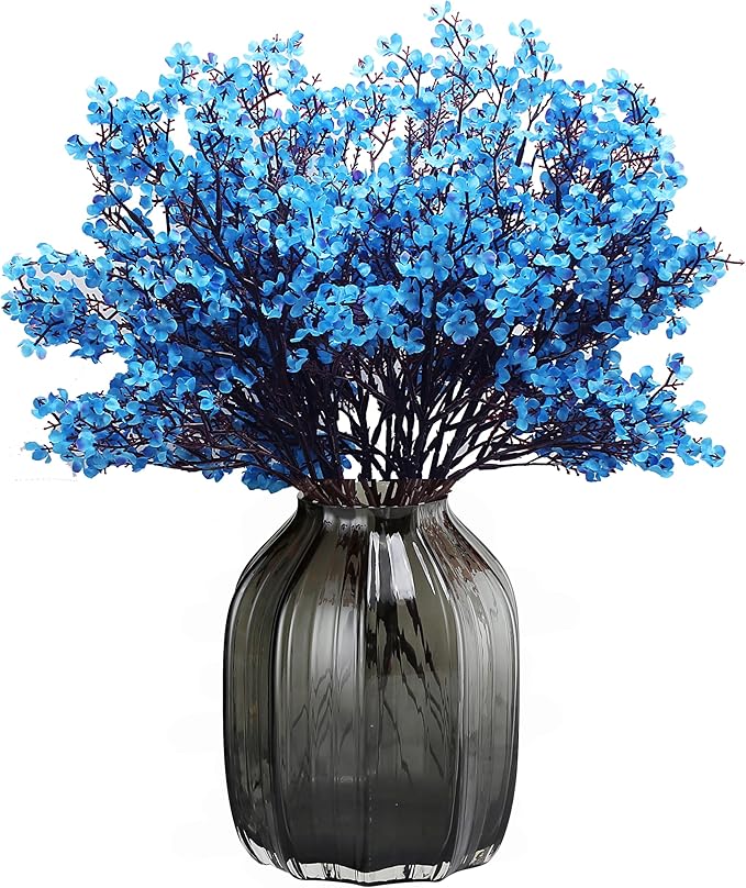 10pcs Babys Breath Artificial Flowers With Vase Gypsophila Bouquet Bulk Fake Spring Silk Flowers Real Touch Faux Floral for Home Bedroom Kitchen Garden Wedding Christmas Party Decor (Blue)