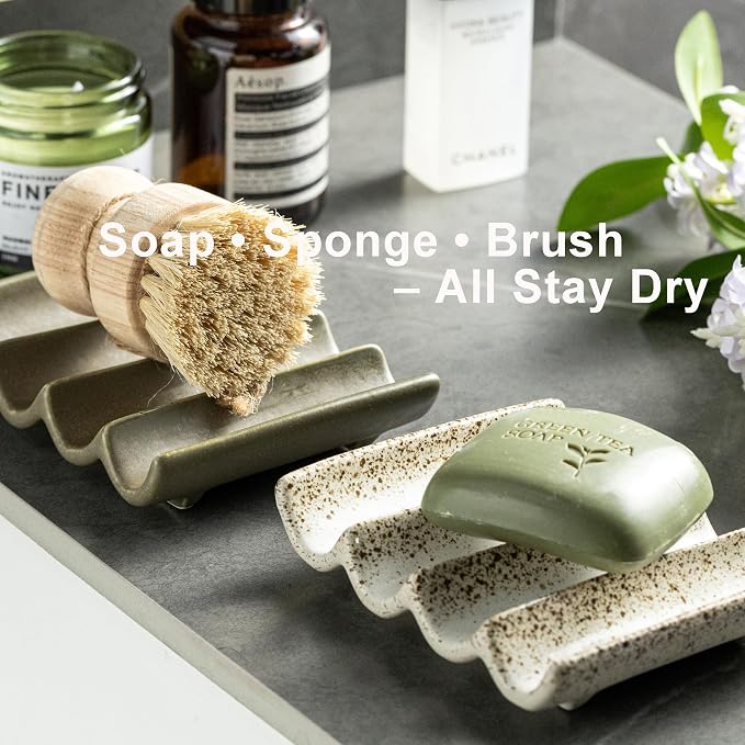 Soap Dish for Shower, Self Draining Bar Soap Holder for Shower, Ceramic Bathroom Soap Saver with Fluted Design, Suitable for Soap Bar, Sponge