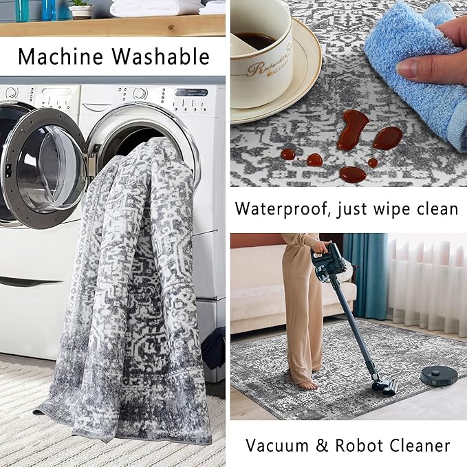 vivorug 5x7 Area Rugs, Stain Resistant Washable Rug for Living Room, Vintage-Inspired Grey Rug