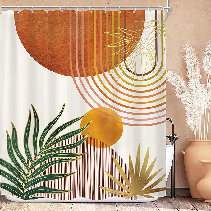KOMLLEX Mid Century Orange Boho Shower Curtain for Bathroom Decor 72Wx84H Inches Abstract Retro Gold Minimalist Modern Arch Geometric Neutral Fabric Waterproof Polyester 12 Pack Hooks Pack Hooks