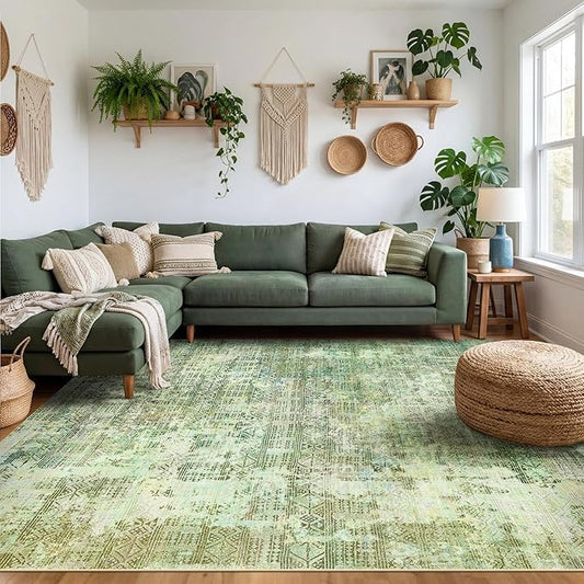 Kokia Abstract Green Area Rugs 8x10 Bedroom Soft Living Room Rugs Washable Distressed Vintage Comfy Carpet with Non-Slip Backing for Farmhouse Home Office Room Decor, Sage Green
