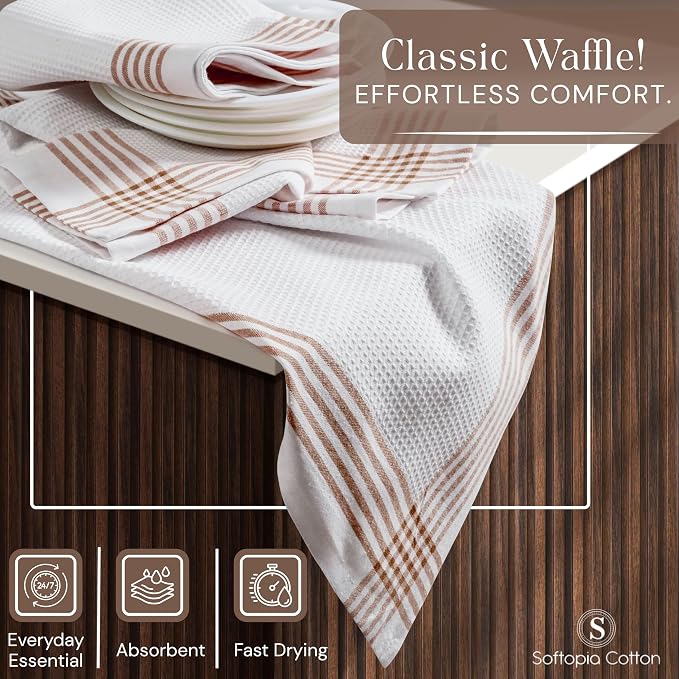 Waffle White & Brown 4 Pack Kitchen Towels Set, 100% Cotton, 16x26 inches, Professional Quality Cleaning Towel for Bar, Home, Restaurant Use, Absorbent Dish Cloths for Drying Dishes