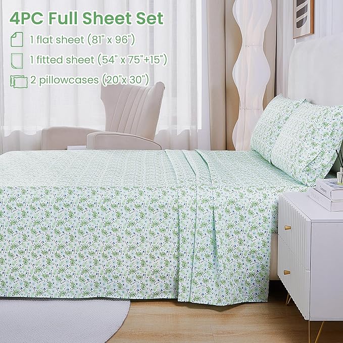Softan Green Floral Full Sheet Set, Cozy Botanical Microfiber Printed Fitted Bed Sheet with 15" Deep Pockets & Non-Slip Straps, Fresh Greenery Blooms Patterned Sheets & Pillowcase Set