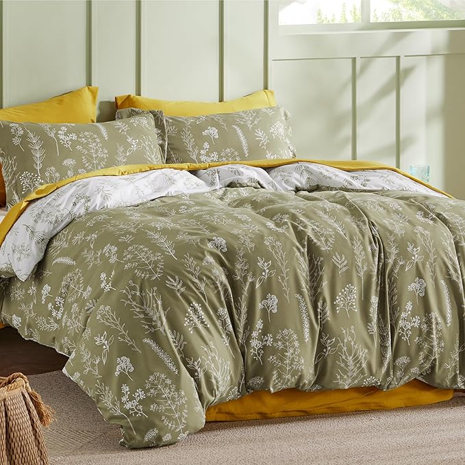 Bedsure Duvet Cover King Size - Reversible Olive Green King Duvet Cover Set with Zipper Closure, 3 Pieces Floral Patterned Bedding Set with 8 Corner Ties and 2 Pillow Shams