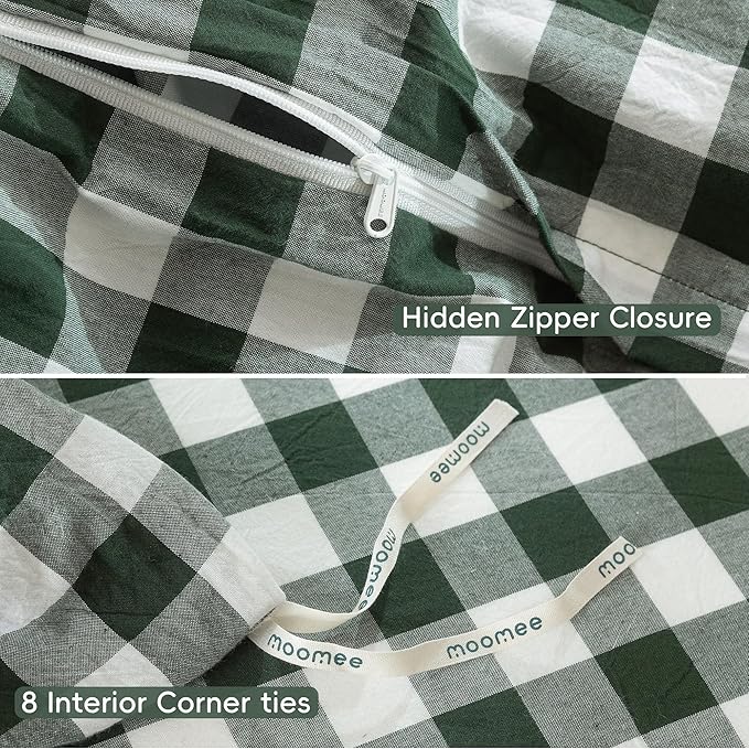 MooMee Gingham Duvet Cover Set 100% Washed Cotton Linen Like Textured Breathable Durable Soft Comfy Modern Checkered Design (Buffalo Plaid Forest Green, Twin 68"x90")