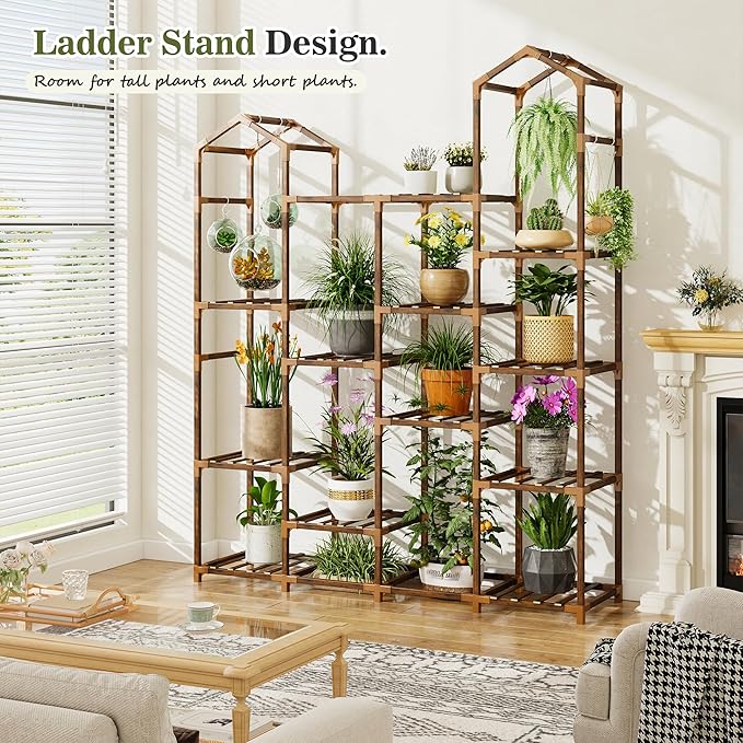 EnHomee Plant Stand Indoor Plant Stands Outdoor Tall Plant Shelf for 15-21 Pots Corner Tiered Plants Stands for Multiple Plants Wood Hanging Plants Holder for Garden Balcony Patio Window Porch