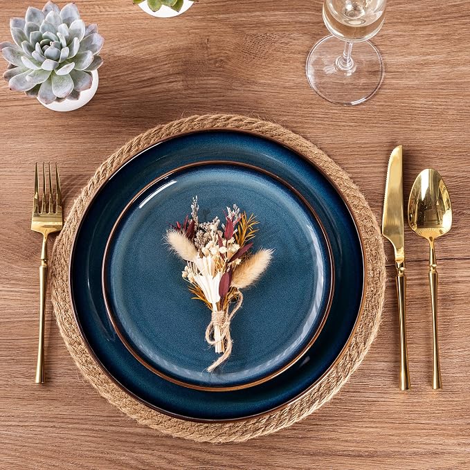 GBHOME Ceramic Dinnerware Sets for 4, 12 Pieces Stoneware Plates and Bowls Sets, Scratch Resistant Dishes, Dishwasher & Microwave Safe, Reactive Glaze-Pacific Blue