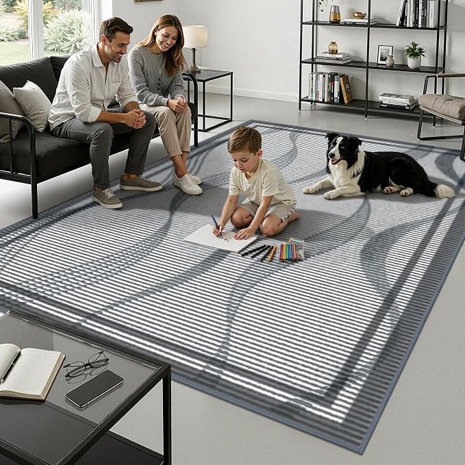 Merelax 6x9 Area Rugs for Living Room - Washable Non-Slip Large Bedroom Rug, Indoor Floor Carpet Low Pile Soft Farmhouse Rug for Dining Room, Mudroom, Modern Aesthetic Geometric Decor, Dark Grey